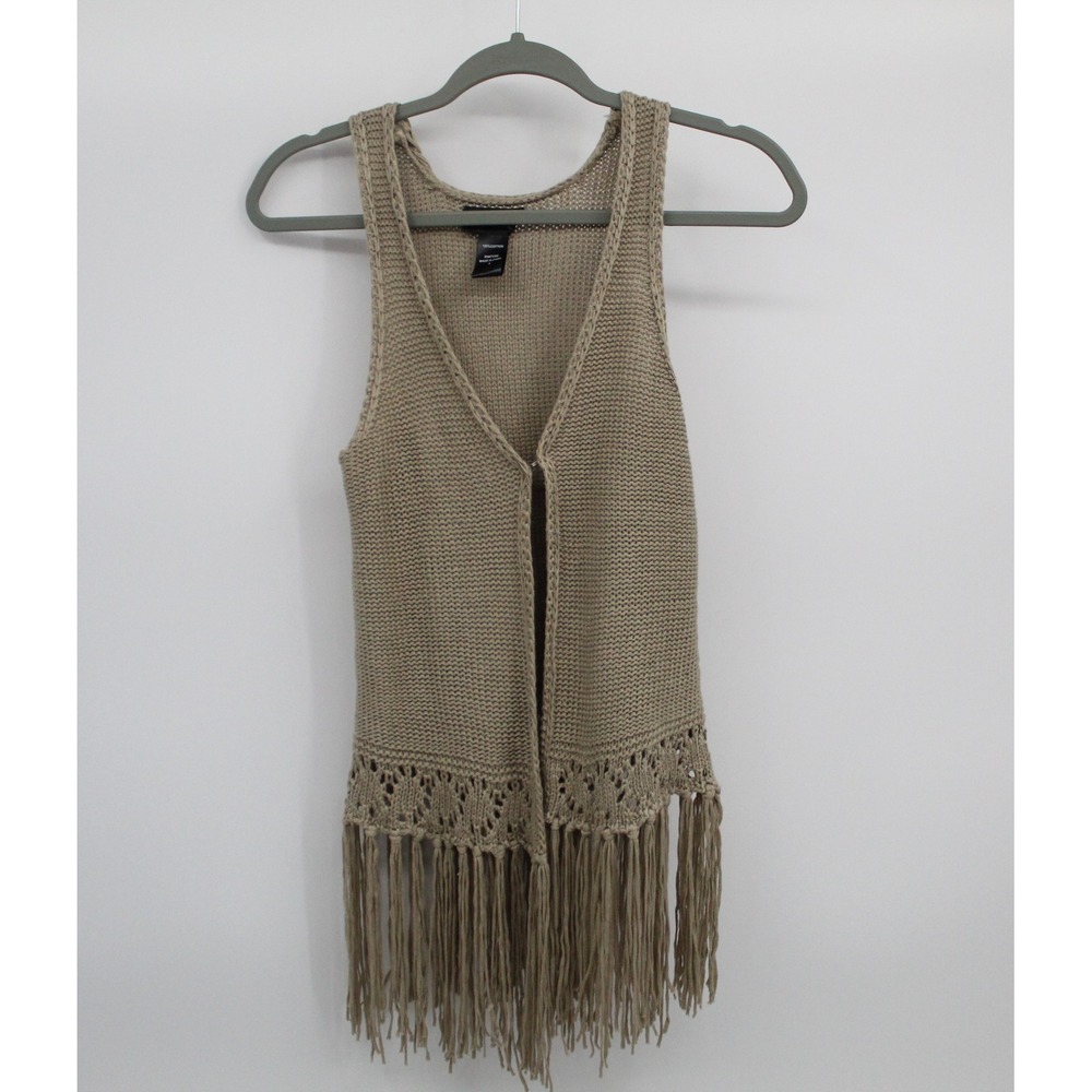 Womens 100% Cotton Crochet Knit Fringe Vest Oatmeal Boho Sleeveless Cardigan S